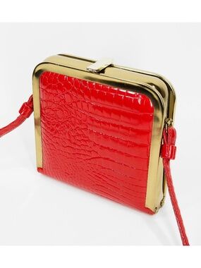 Shirl Miller Ltd Box Bag Vintage 70s Bright Red Croc Embossed Gold Handbag
